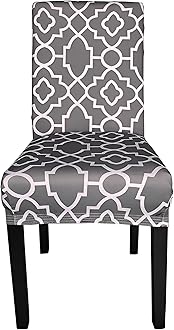 Printed High-Back Chair Covers for Dining Room Chairs – Spandex Stretch, Universal Armless Chair Protective Slipcover for Kitchen, Party, Banquet & Hotel, Abstract Trellis Pattern - Grey, Pack of 1