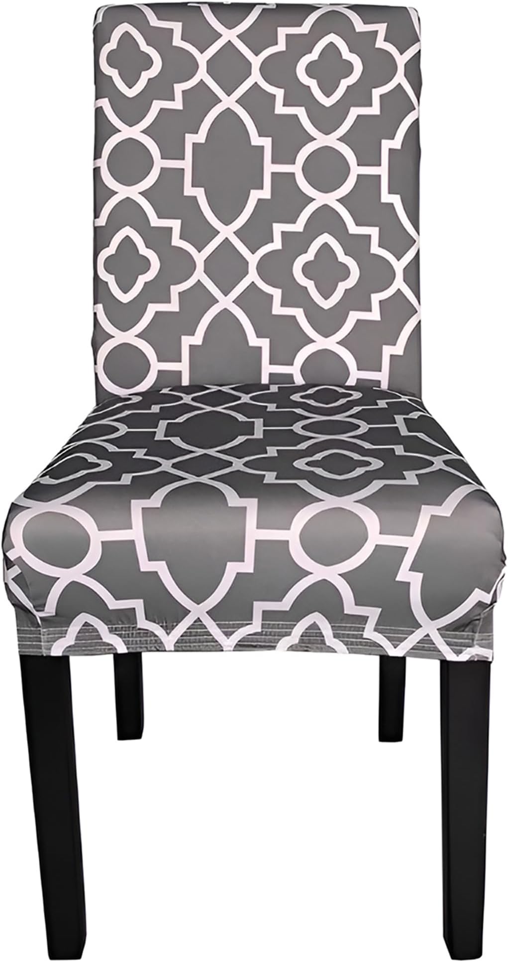 Printed High-Back Chair Covers for Dining Room Chairs – Spandex Stretch, Universal Armless Chair Protective Slipcover for Kitchen, Party, Banquet & Hotel, Abstract Trellis Pattern - Grey, Pack of 1