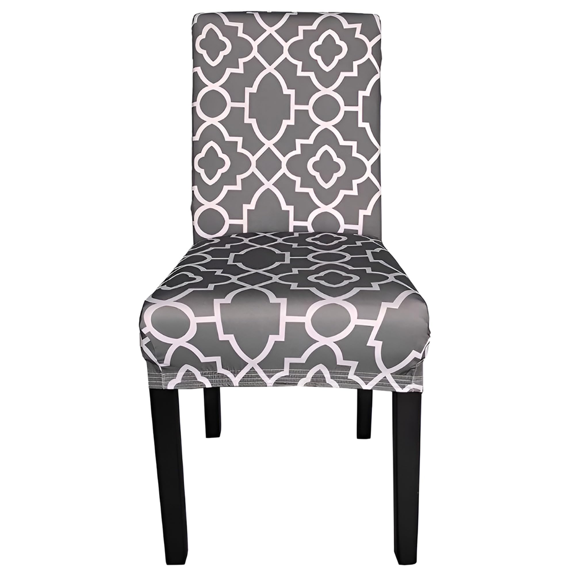 Printed High-Back Chair Covers for Dining Room Chairs – Spandex Stretch, Universal Armless Chair Protective Slipcover for Kitchen, Party, Banquet & Hotel, Abstract Trellis Pattern - Grey, Pack of 1