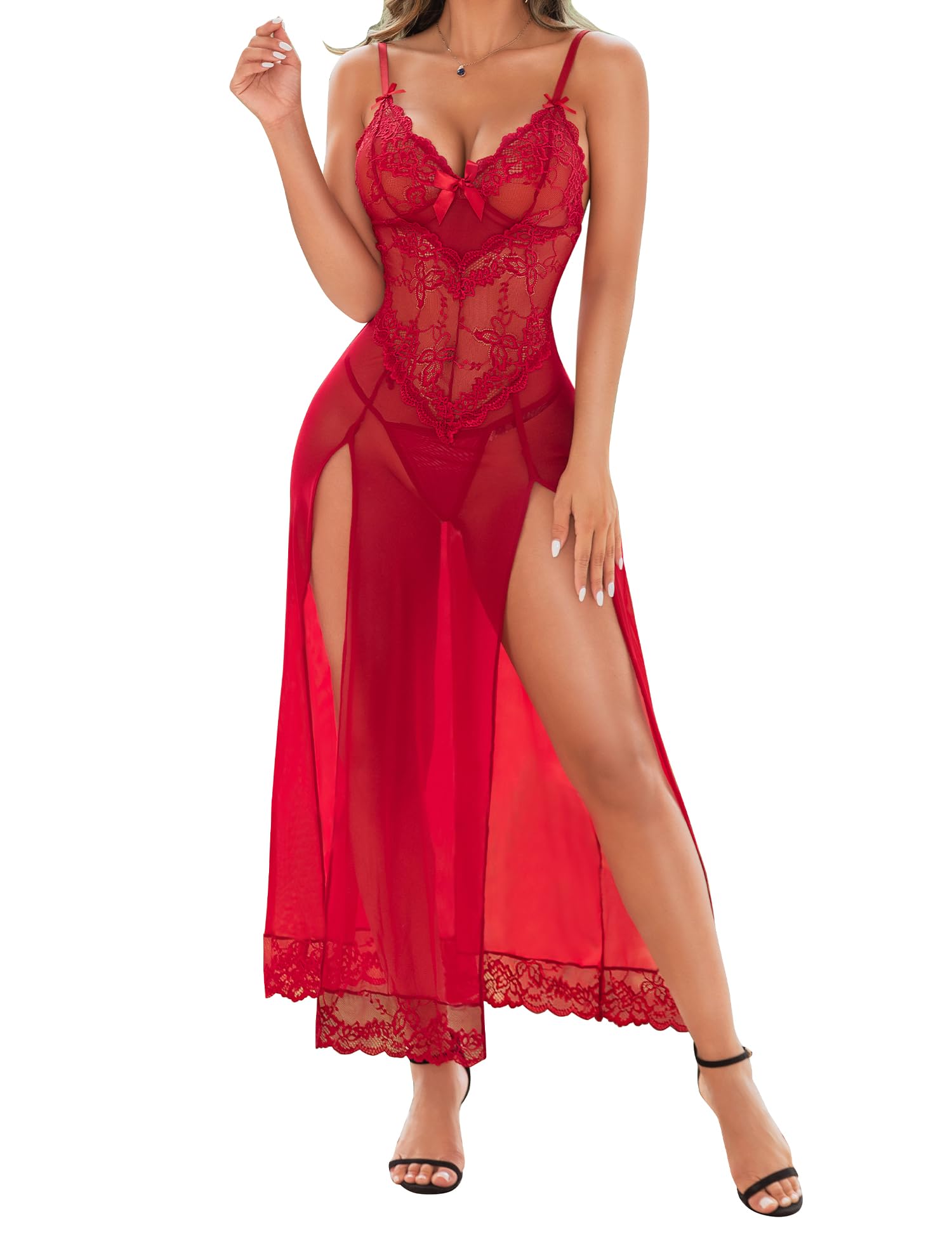 Women Sexy Lingerie Lace Babydoll Mesh Long Chemise Nightwear