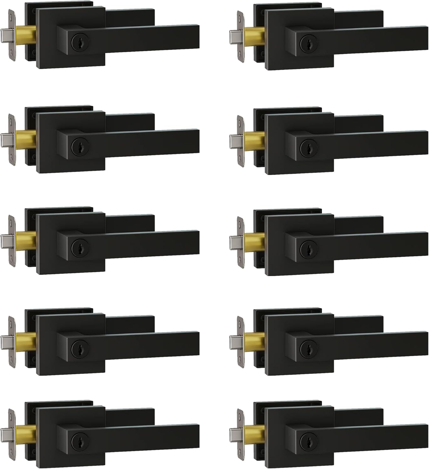 10 Pack Matte Black Metal Door Handles with Keys Included - Heavy Duty Privacy Interior Door Levers Reversible Square Handle for Bedroom, Bathroom, Closet