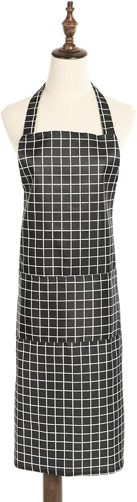 Kitchen Aprons Unisex Professional Quality PVC Waterpfoof Black & White Lattice Butchers Kitchen Cooks Restaurant Bistro BBQ School College Double Pockets Chef Aprons