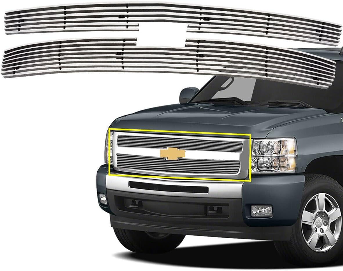 Polished Grille Insert fits 2007-2013 Chevy Silverado 1500 Front Billet Grill Inserts Cover Guard Replament 2pcs 07-13 Aluminum