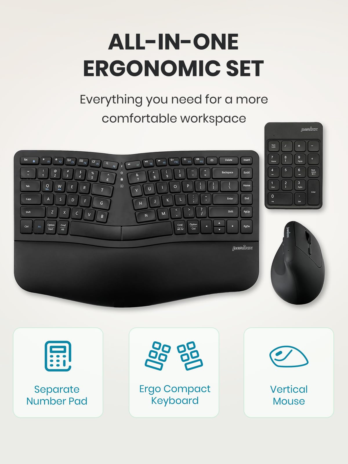 Perixx PERIDUO-606IIA - Tastiera ergonomica compatta wireless 3 in 1 con mouse verticale e tastierino numerico, tasti e clic silenziosi, inglese americano