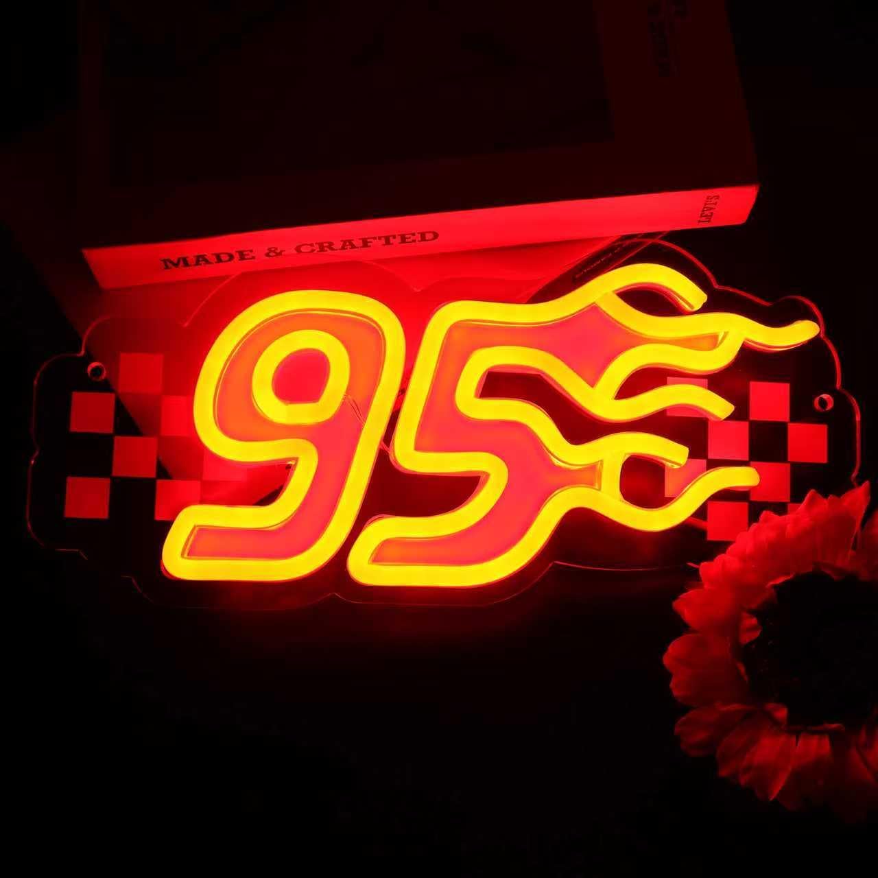 95 Lightning Racing Neon Sign for Wall Decor, Dimmable Race Car LED Light Sign for Bedroom Man Cave Bar Game Room Decoration, USB Powered Garage Sign for Race Lover Gifts