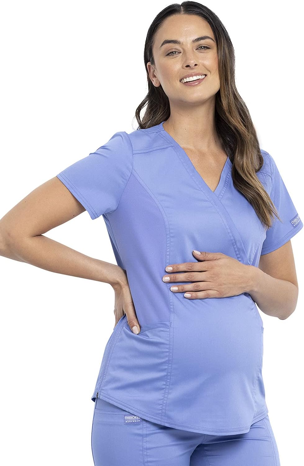 Cherokee Maternity Scrub Top Mock Wrap with 2 Pockets, Breathable and 2-Way Stretch Fabric - WW688