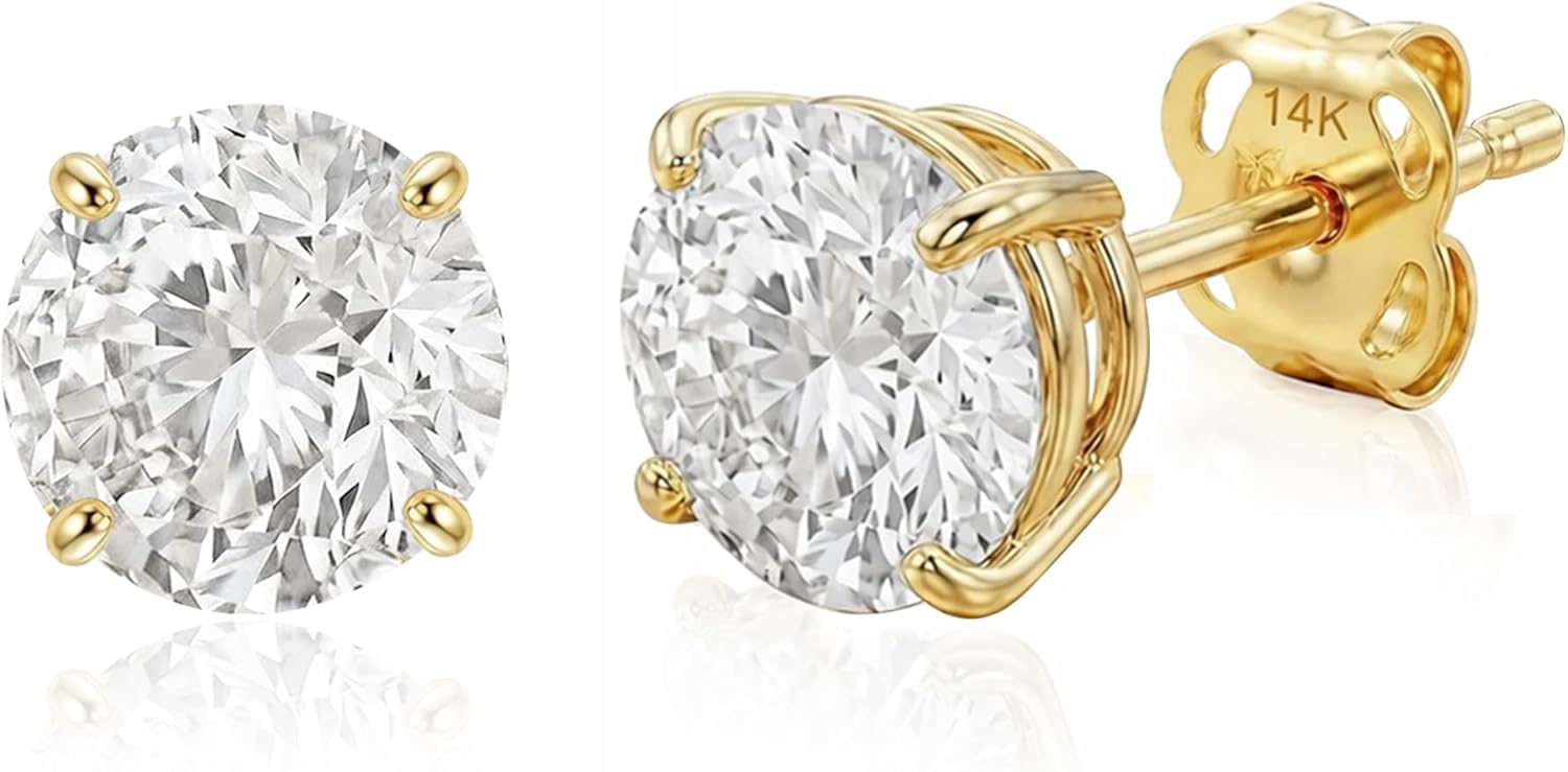 14k Gold Solitaire Round Cubic Zirconia Earrings Studs for Women & Men | Anti Tarnishing CZ Stud Earrings with 14k Gold Butterfly Pushbacks | 4MM-7.5MM by MAX + STONE