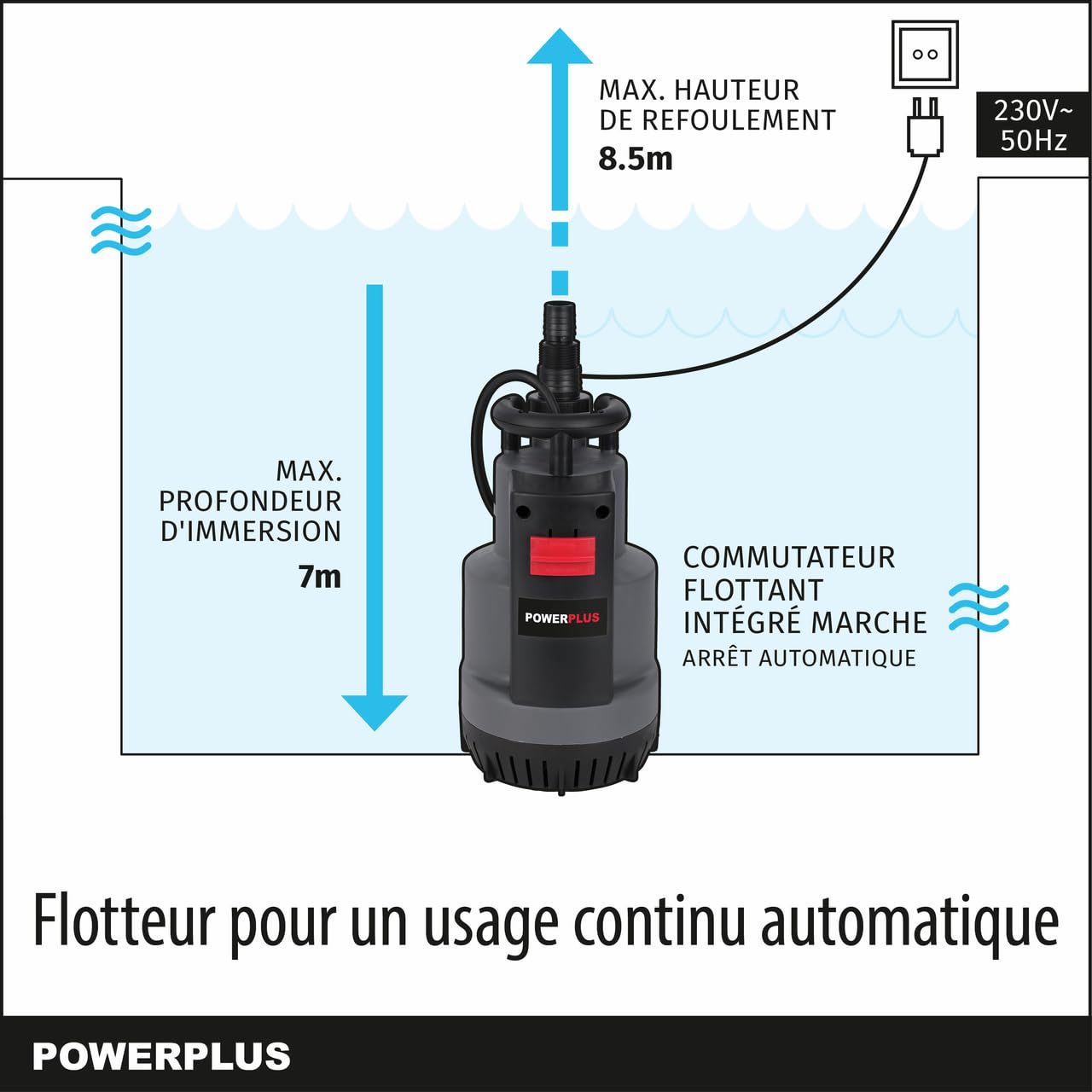 Powerplus Pompe à Eau Électrique POWEW67920 - Submersible 750 W, Température Maximale de 35°C Débit 12.500 l/h, Outillage de Jardin