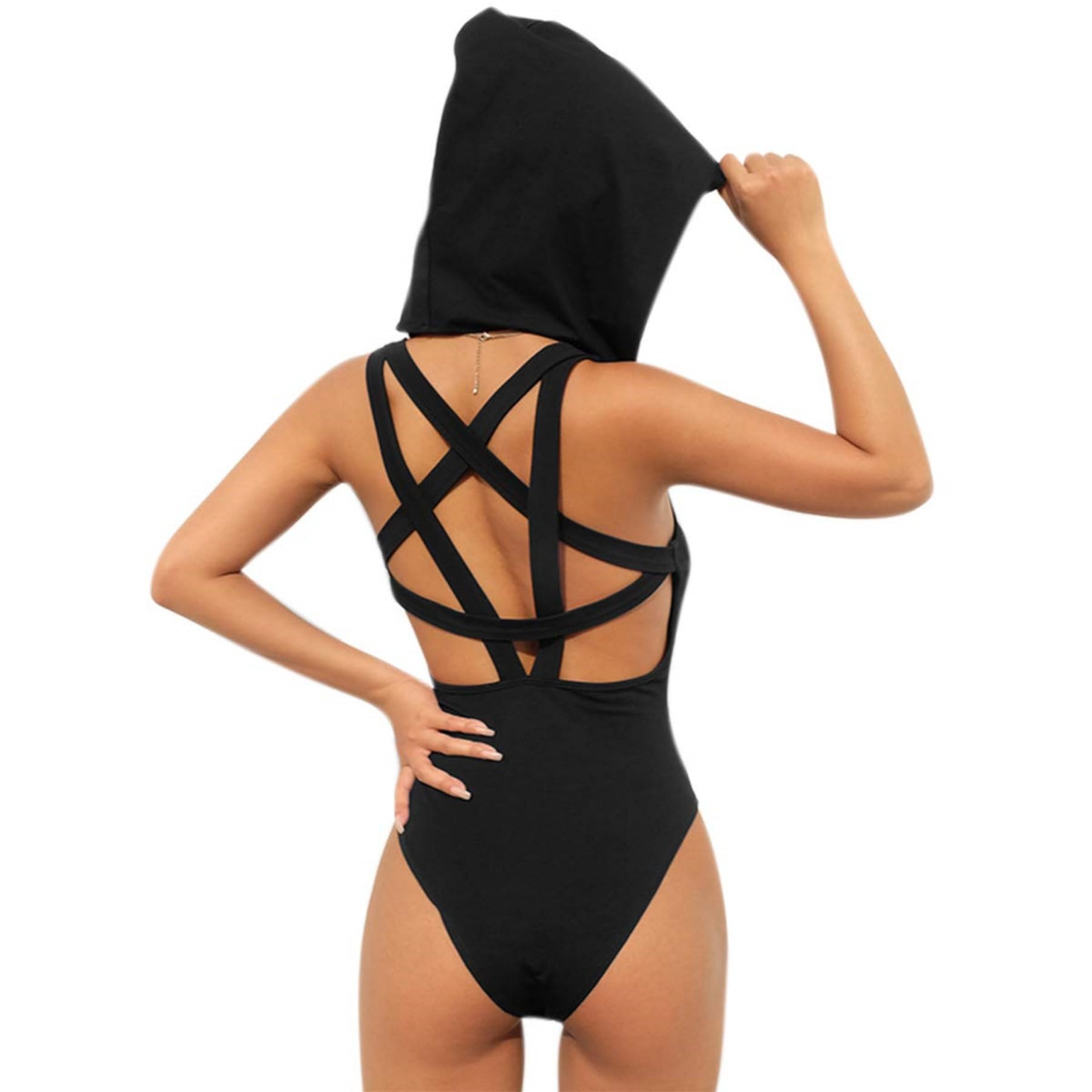 JUMISEEWomen Rave Pentagram Bodysuit Jumpsuit Sexy Hoodie Festival Clothing Romper for Dance Party Clubwear