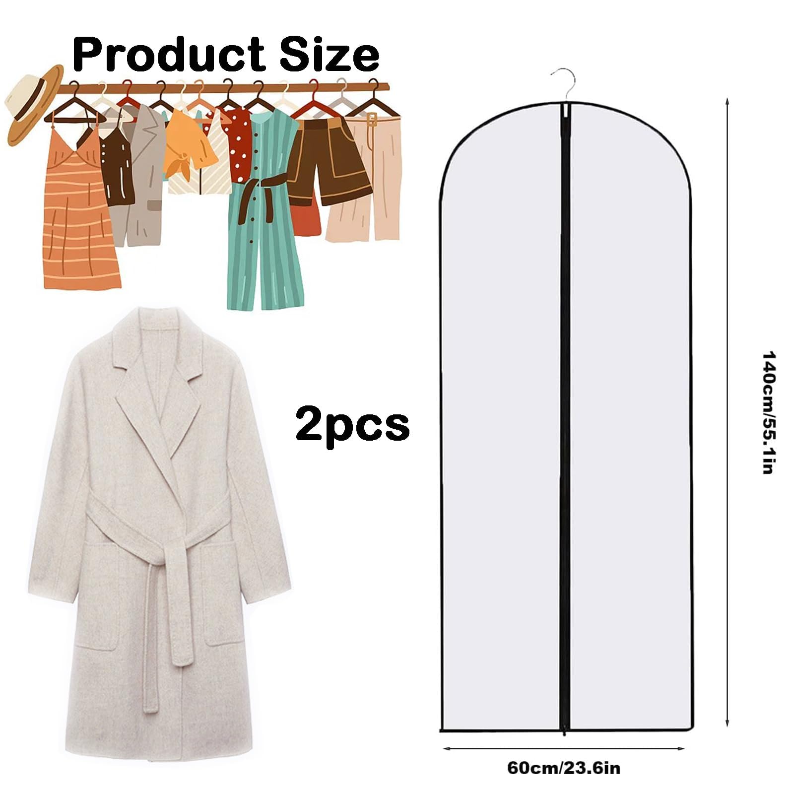2PCS Dress Bags Covers Long Garment Covers Bag Dress Bag Long Dress Bags Covers Translucent with Zip Waterproof Dustproof Dress Covers Garment Bags Full Length(60 * 140cm) - Image 2