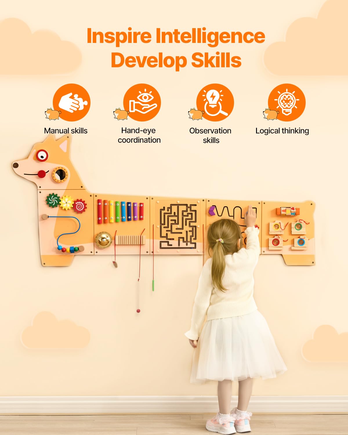 VEVOR Panneaux Muraux d'Activités Chiot, 12 Jeux, Jouet Mural Sensoriel Montessori pour Enfants 3-12 Ans, Centre d'Activités d'apprentissage, Salle de Jeux des Tout-Petits, Crèche, Salle de Classe