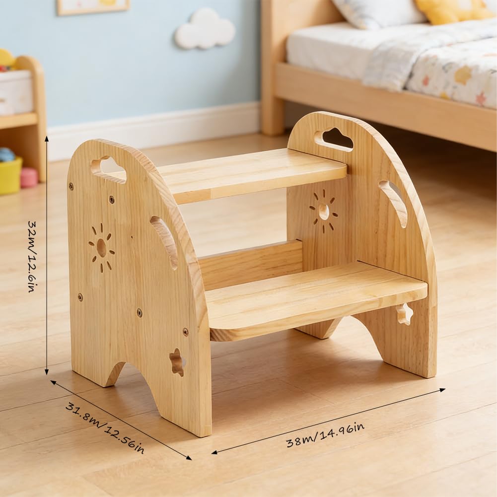 CEWROM Drewniany taboret dla dzieci, 2 stopnie, antypoślizgowy taboret dziecięcy z uchwytem, stabilny taboret do kroku, nośność do 100 kg, podnóżek dla dzieci, do łazienki, kuchni, taboretu
