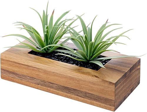 MyGift Plantas de césped verde artificial de 10 pulgadas en maceta decorativa de madera maciza de acacia de lujo, vegetación sintética en recipiente