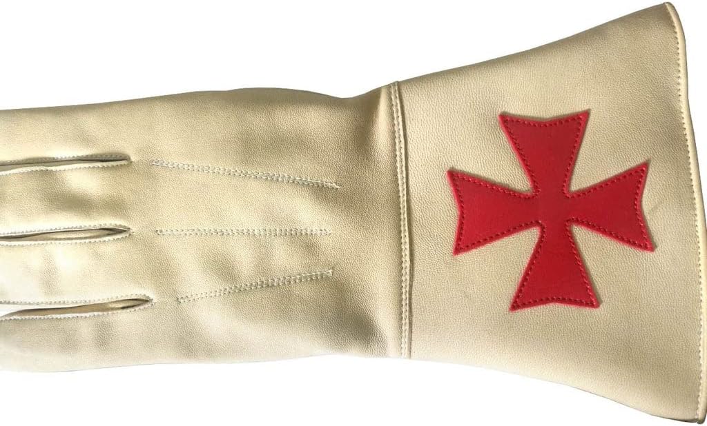Bricks Masons Knight of Malta Buff Color Gauntlets Red Maltese Cross Soft Leather Gloves - Small
