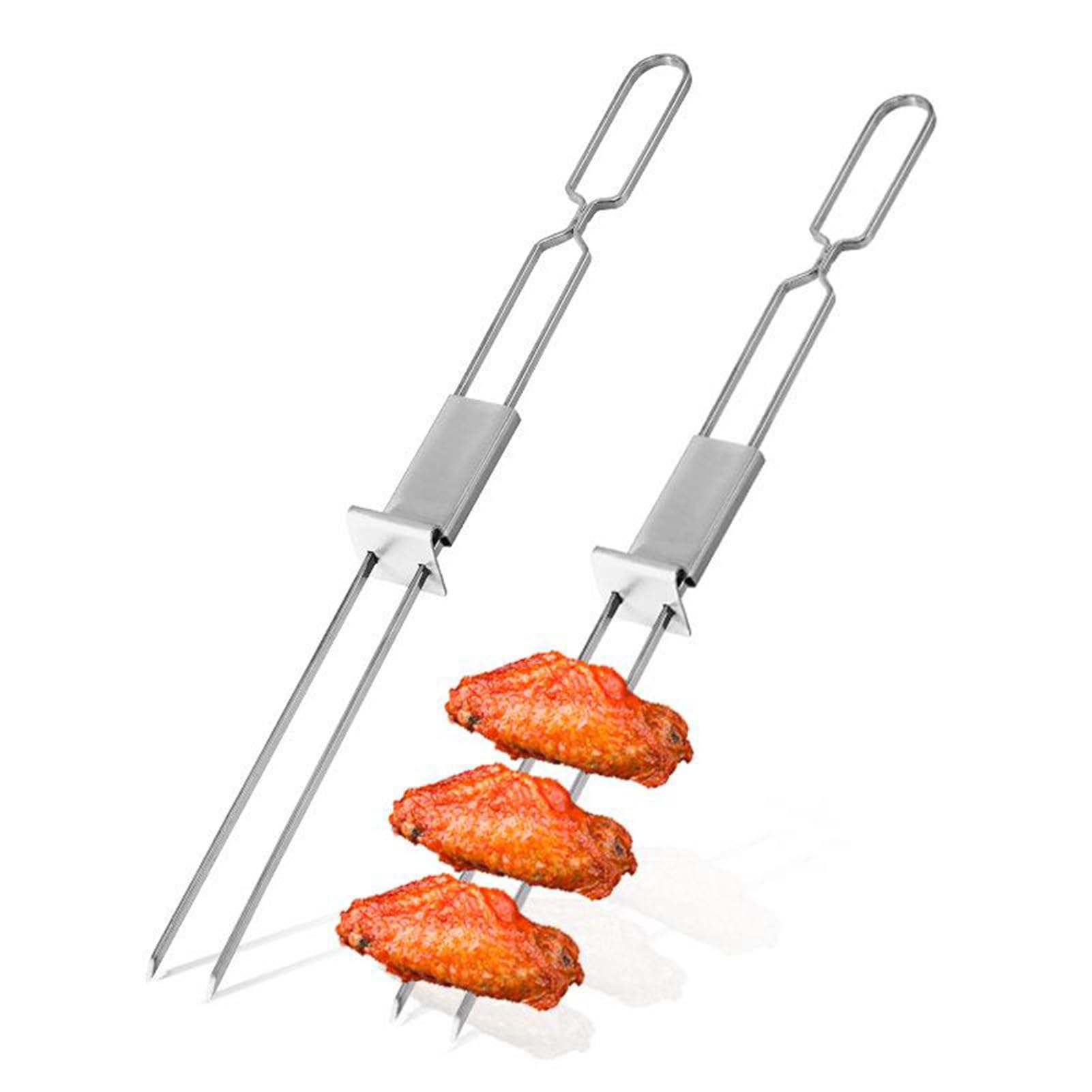 GTHTUHFD Double Pronged Bbq Barbecue Skewer, Reusable Grilling Skewers With Push Bar, Stainless Steel, For Appetizers, Fruit, Chicken Veggie, 5 Pcs