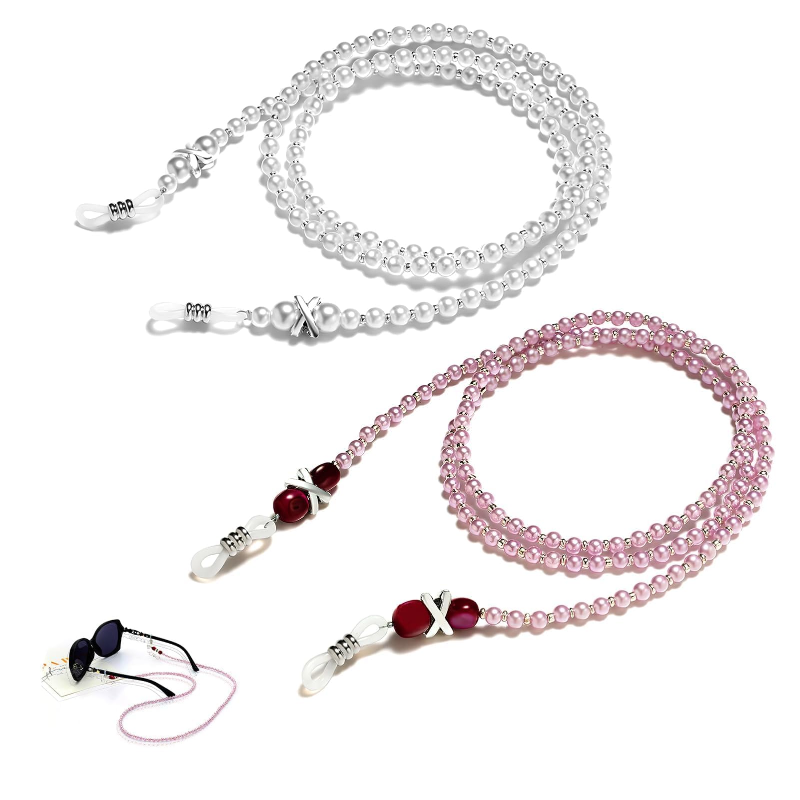 2 Pcs Pearl Glasses Chain Anti-Slip Beaded Eyeglasses Straps Adjustable Reading Spectacles Neck Cord Simple Funky Spectacle Holder Lanyard Sunglasses Eyewear String for Women Girls, White and Pink,-image-11