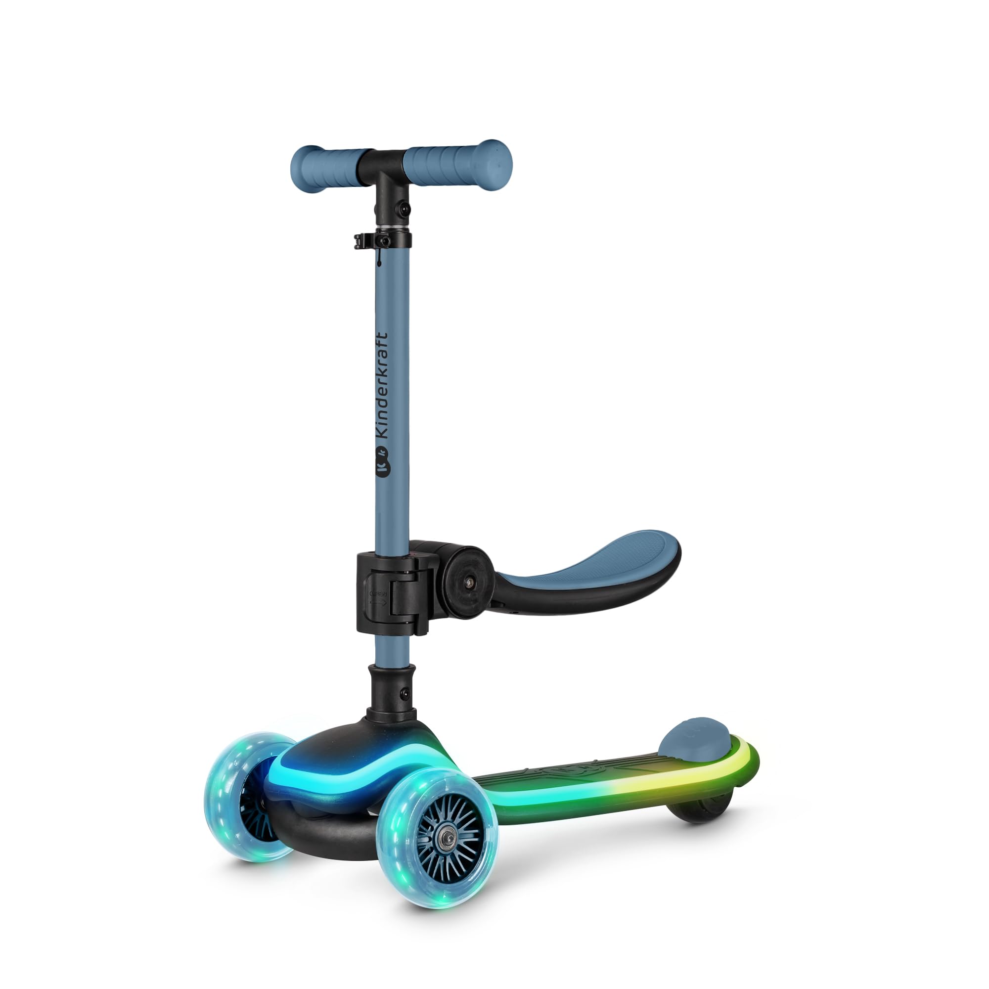 Kinderkraft RAKET UP 2-in-1 Scooter mit Sitz, LED Trittbrett, RGB Rollen, Klappbar, Leichtlaufrollen, Lenker 4-Fach Verstellbar, Ziehbar wie Koffer, Für Kinder, Blau