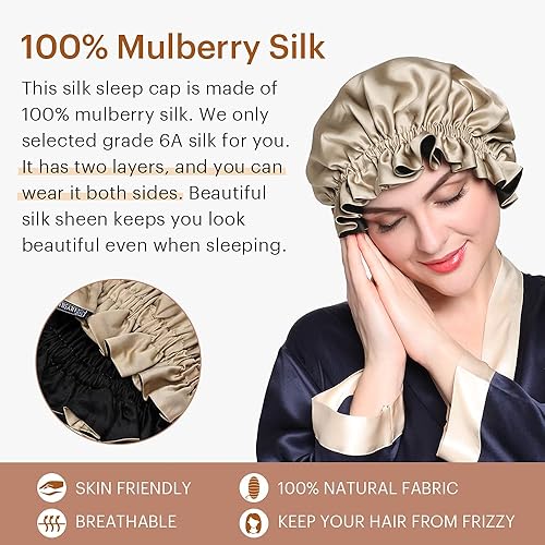 Miniatura 5 de LilySilk Gorra con forro de seda pura para mujer, doble capa, cintas ajustables, gorra de seda natural de lujo para dormir