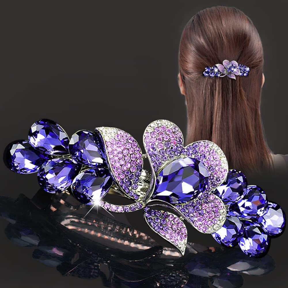 Jumwrit Rhinestone Hair Barrette Vintage Flower Leaf Hair Clip Shiny Teardrop Hairpin No Slip Ponytail Holder Slide Clip French Decorative Hair Accessories Glitter Wedding Jewelry for Women(Purple)