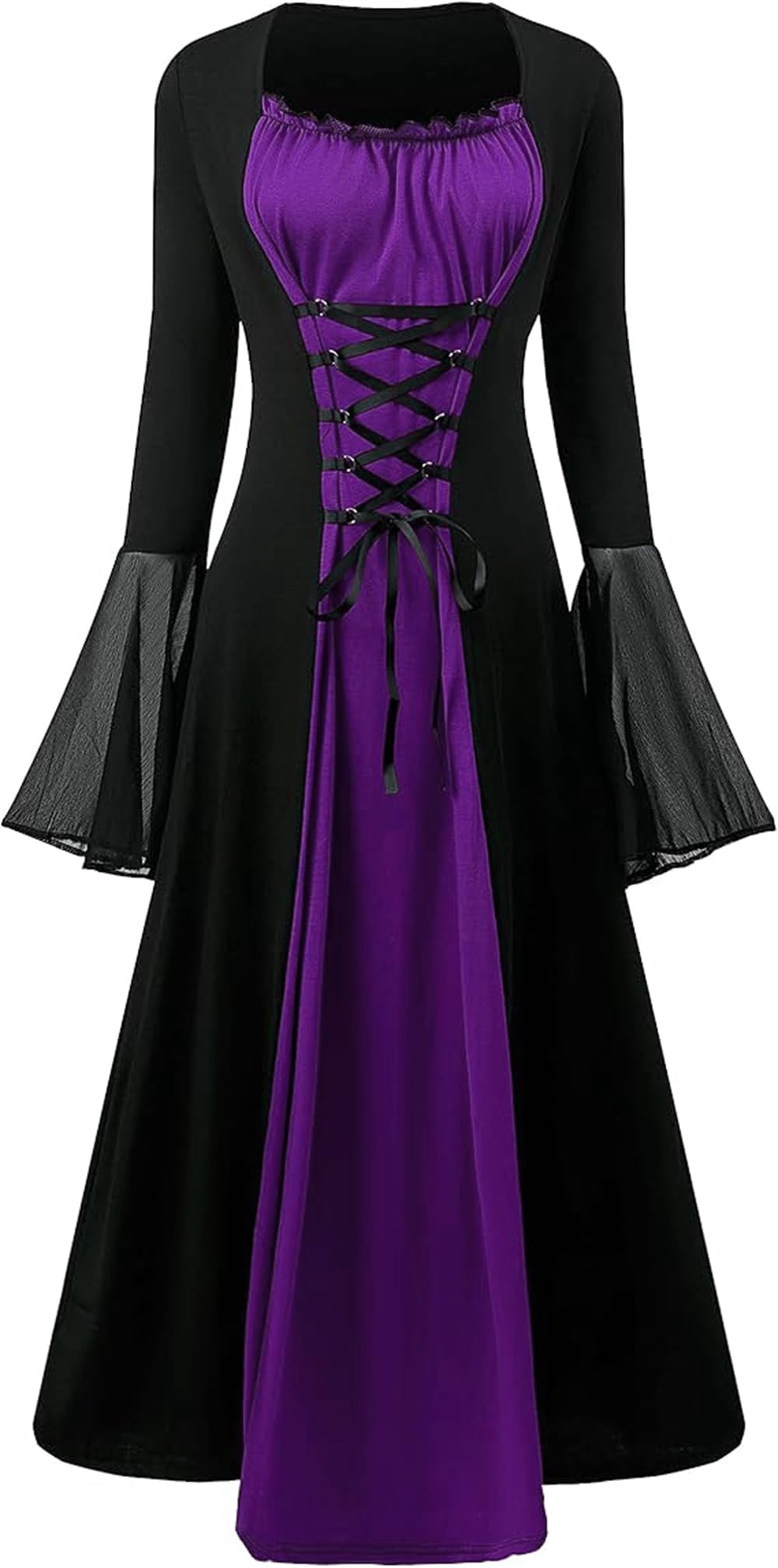 CNVAUIE Renaissance Costume for Women Medieval Dress with Trumpet Sleeves, Gothic Maxi Dress, Carnival, Halloween, Party (Purple, S)
