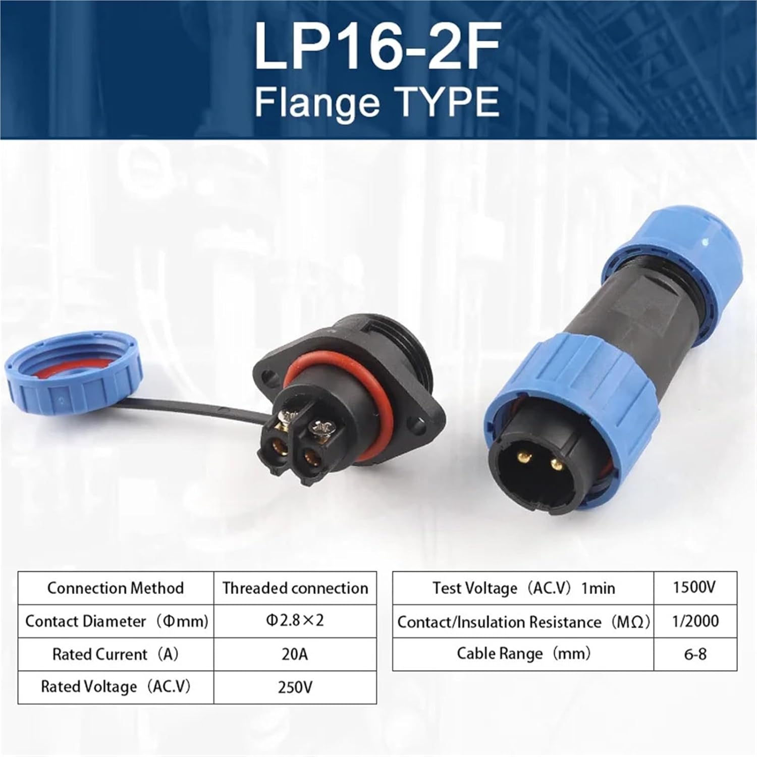 LP16/SP16 IP68 Waterproof Wire Connector 2/3/4 Pin Screw Wiring Without Welding 2 Holes Flange Panel Quick Connectors(LP16-2F)