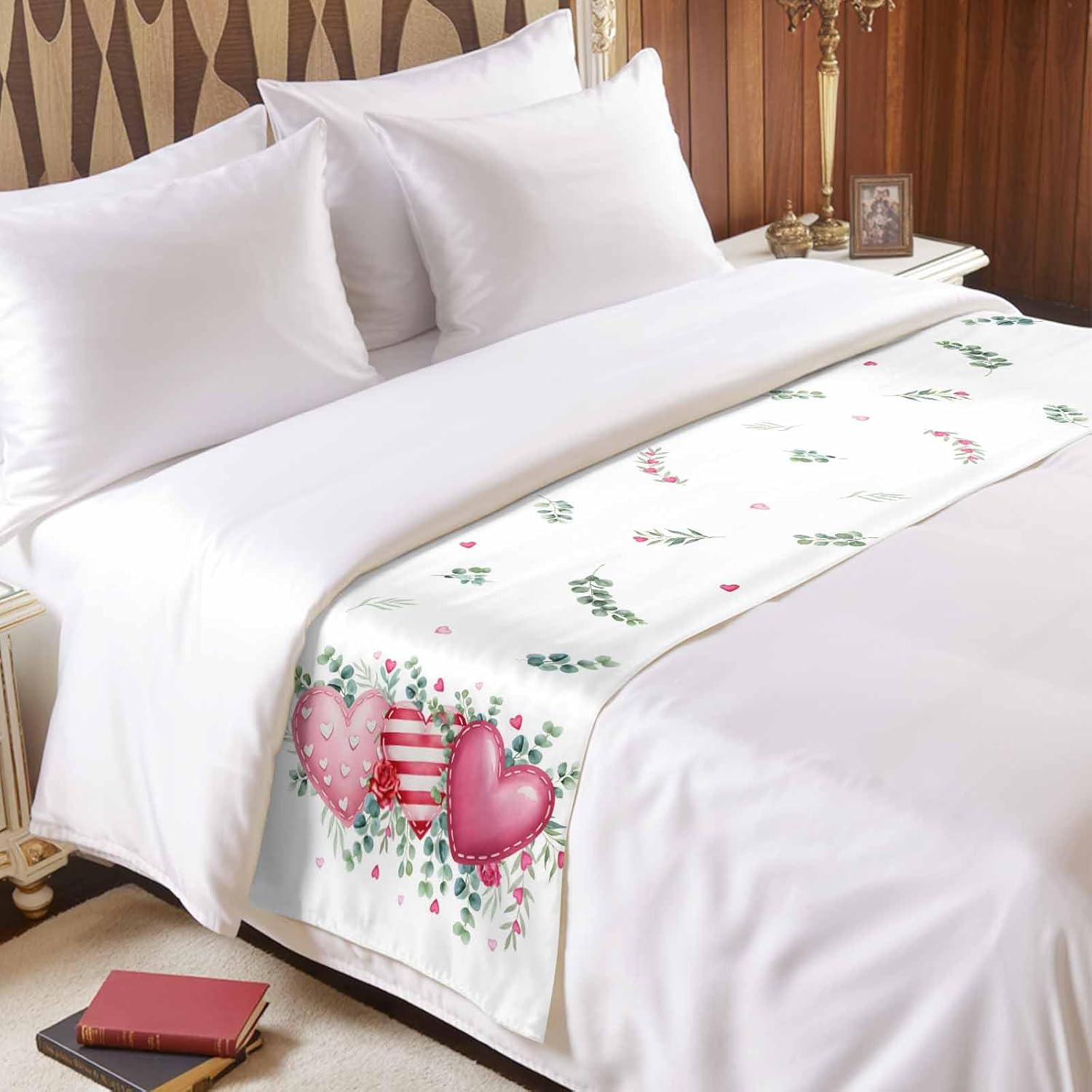 Valentine's Pink Love Bed Runner Scarf Bedding Accessory For Full Size Bed,Soft Bed Scarves And Runners Stainproof Dustproof Bedroom Protector For Hotel,Valentine Eucalyptus Simple White 83"x20"