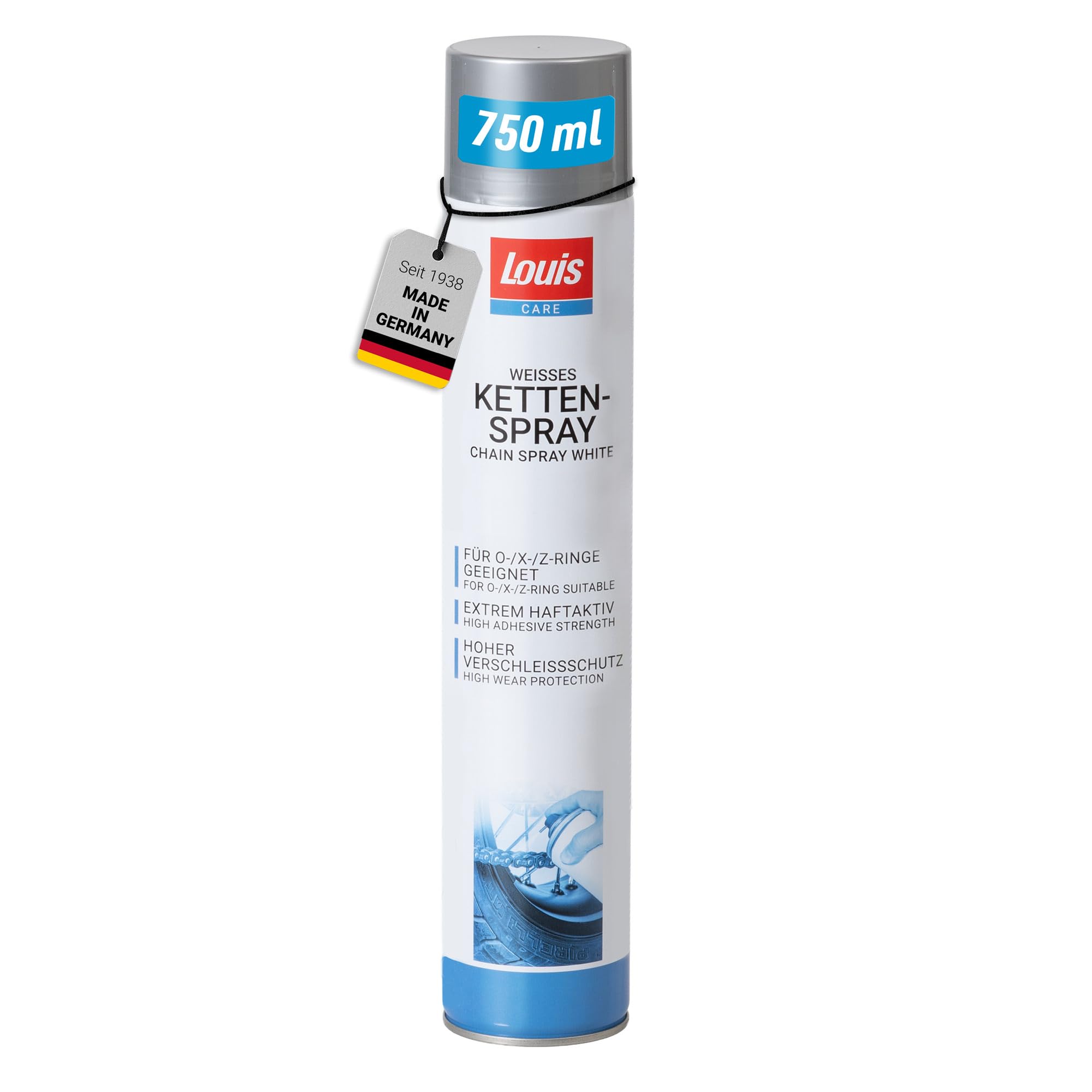 Louis Care Kettenspray Weiß 750ml – Hochwertiges Kettenfett für Motorrad und Fahrrad, Schmiermittel für Kette und Kettenpflege, Weißes Spray mit Starker Haftung, Schutz vor Verschleiß und Korrosion