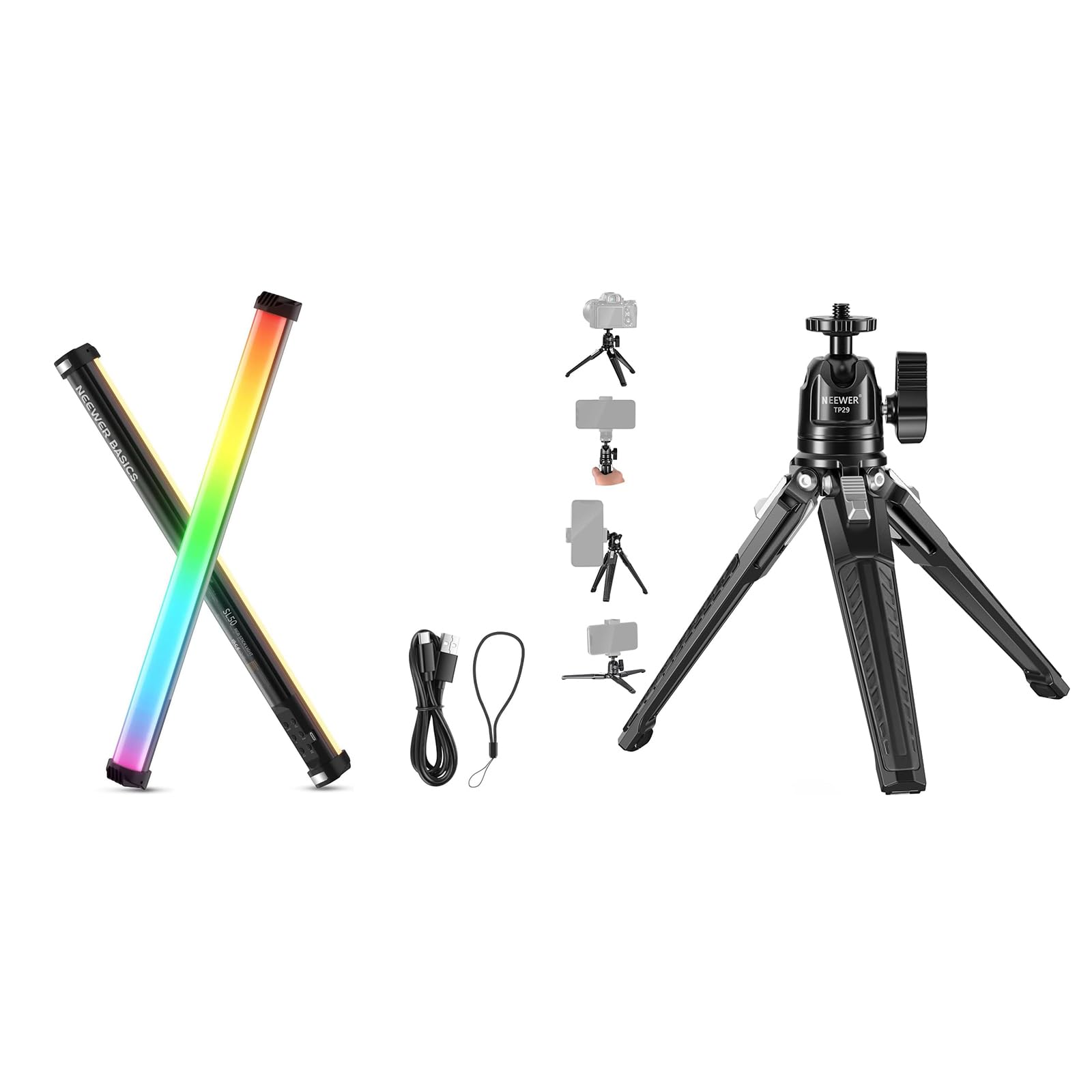 NEEWER Basics SL50 21" Magnetic RGB Light Wand with CRI95 Dimmable 14W LED 51 RGB Modes 4000mAh Battery + TP29 Mini Metal Table Tripod with 360° Ball Head for Camera Mobile Phone Action Cam