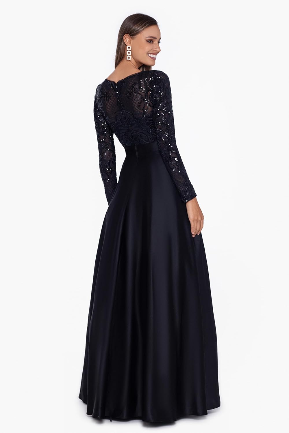 Betsy & Adam Women's Betsy & Adam Women's Long-Sleeve A-line Gown with Sequin Bodice and Satin Skirt