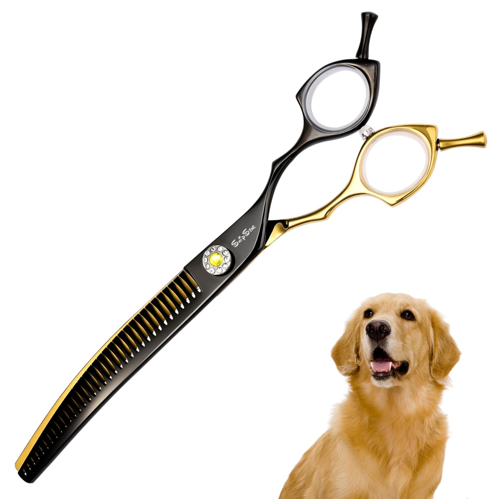 7.5 Zoll Professionelle Haustier gebogene Chunker Schere 25 Grad Biege Gold High-End Groomers Schere 35 Zähne, Verdünnung Rate 65%