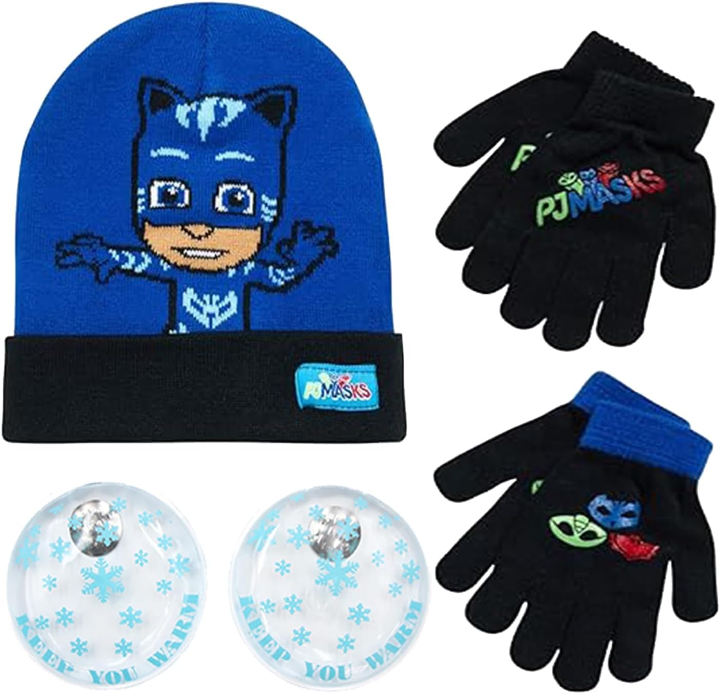PJ Masks Winter Hat and 2 Pair of Gloves or Mittens Set (Age 2-7) Size Age 4-7, Reversible Gloves with Handwarmers