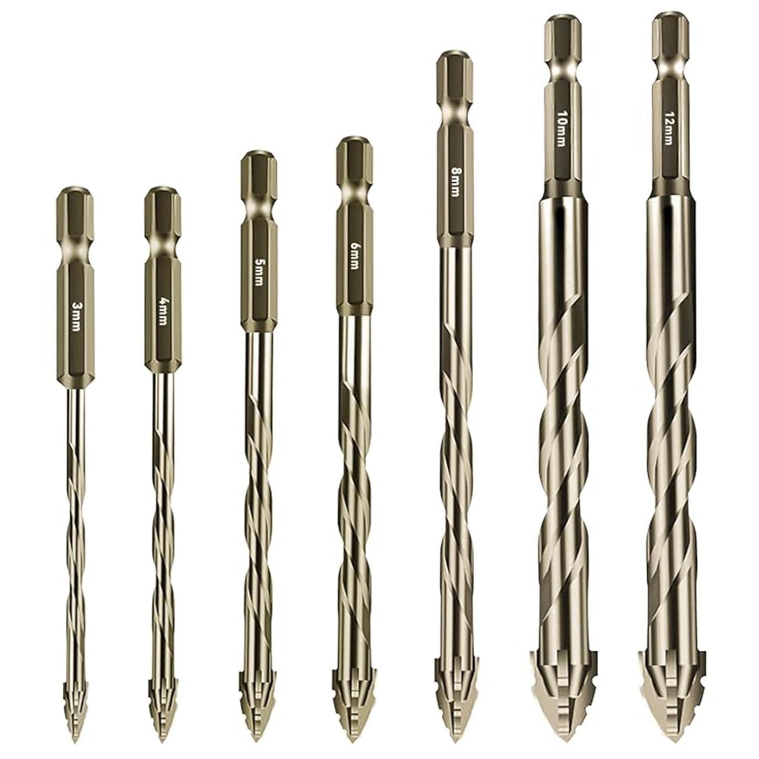 Stone Concrete Wall Four-Flute Sawtooth Carbide Heavy Duty Drill Ultra Hard Alloy Steel Drill Kit Set for Ceramic Tiles, Wood and Marble (Brown) (7 Pcs)-image-14