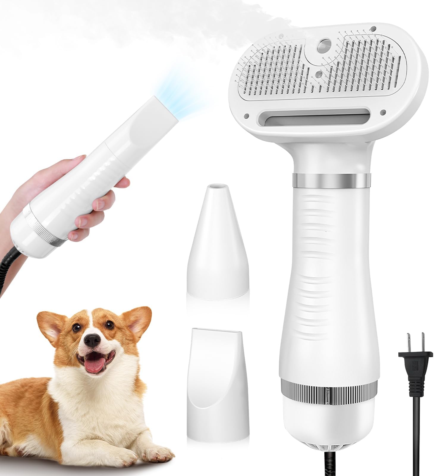 4-in-1 Pet Grooming Station: Steam Comb & Hair Dryer with Water Tank, 3 Heat Settings, Shedding Brush for Cats and Dogs, Home Washing Station, White