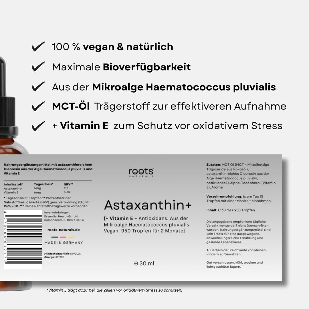 Astaxanthin Tropfen + Vitamin E I Antioxidans I, (30ml), 950 Tropfen für [2 Monate] - 6mg Astaxanthin, hochdosiert & vegan - höchste Bioverfügbarkeit - Laborgeprüft