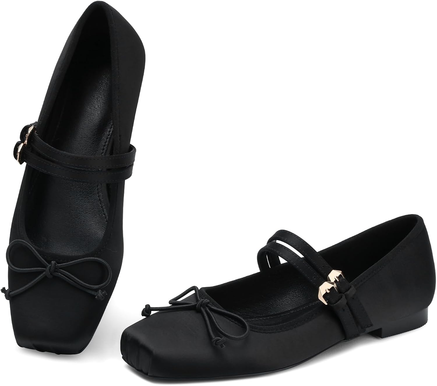 Ballet Flats for Women Closed Square Toe Low Heel Flats with Bow Double Buckle Straps Dress Cute Mary Jane Shoes for All-Year Daily Casual Wear