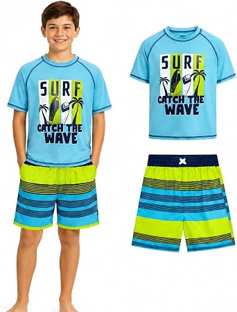Quad Seven Boys 2-Piece Rash Guard Swimsuit Set Short-Sleeve Sizes 5-12