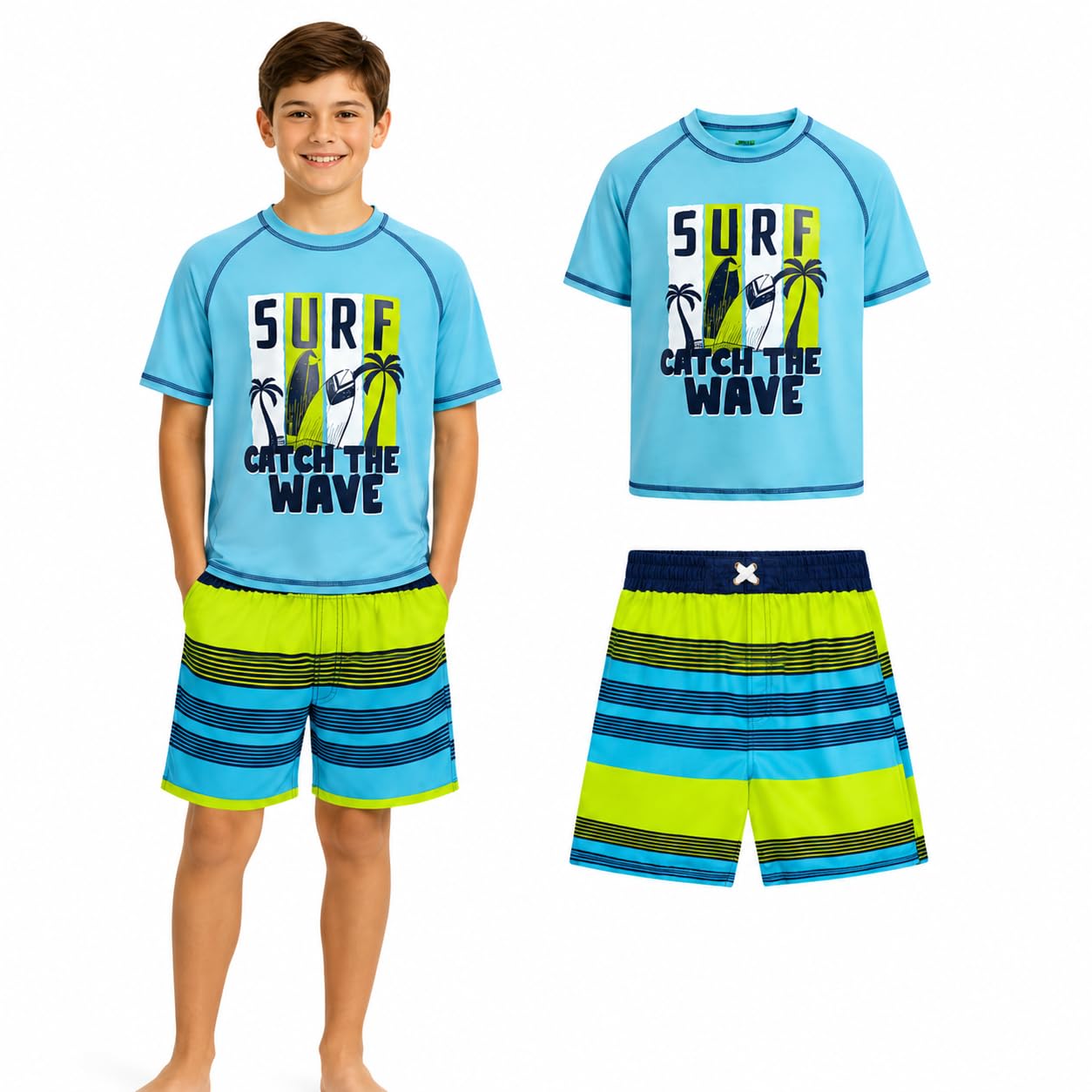 Quad Seven Boys 2-Piece Rash Guard Swimsuit Set Short-Sleeve (Sizes 5-12) | Lightweight Quick-Dry Fabric with Sun Protection, Matching Top &amp; Trunks, Adjustable Drawstring Waist for Pool or Beach Days