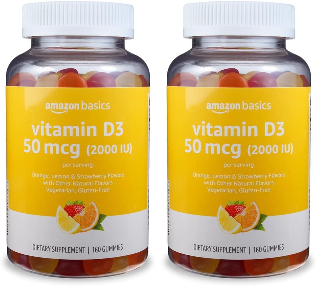 Amazon Basics Vitamin D3 2000 IU Gummies, Orange, Lemon & Strawberry, 160 Count (2 per Serving) (Previously Solimo) (Pack of 2)