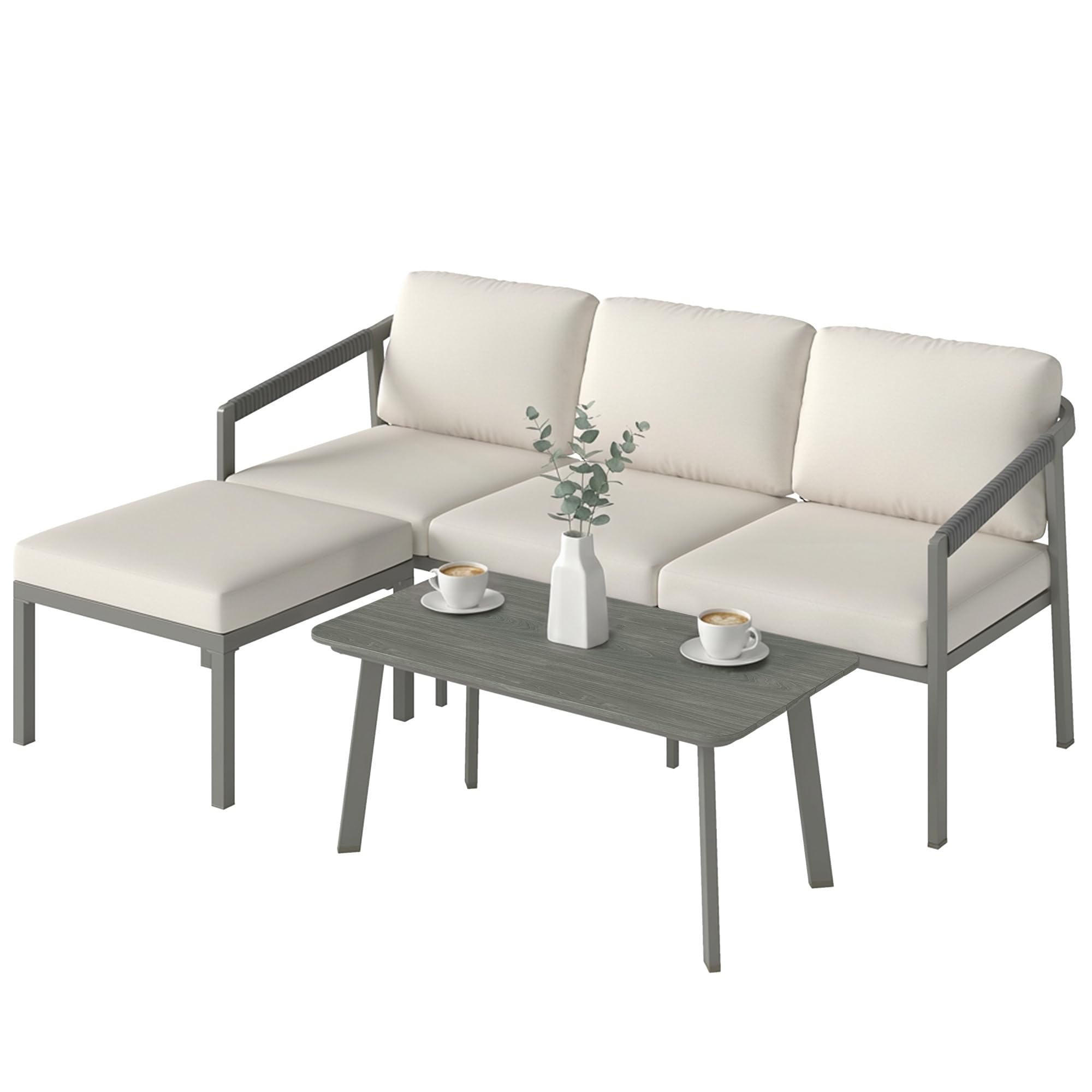 Outsunny Conjunto de Muebles Jardín Exterior Sofá Exterior Marrón Beige | 3 Piezas, Seccional Forma de L, Sofá de 3 Plazas, Reposapiés, Mesa Centro de Listones, Cojines de 10 cm, Terraza Patio