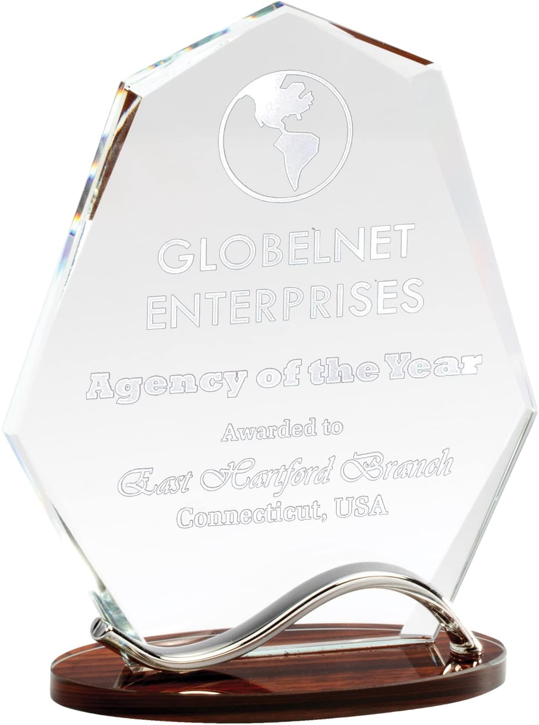 SHOP AWARDS AND GIFTS Optical Crystal Arrow Head Award with Beveled Edges on Wood Grain Base, Can Be Personalized