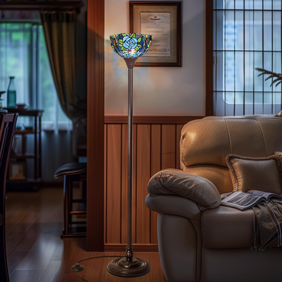 70" Tiffany Torchiere Floor Lamp - Antique Style Dragonfly & Rose Stained Glass Corner Standing Light for Living Room, Bedroom & Home Office