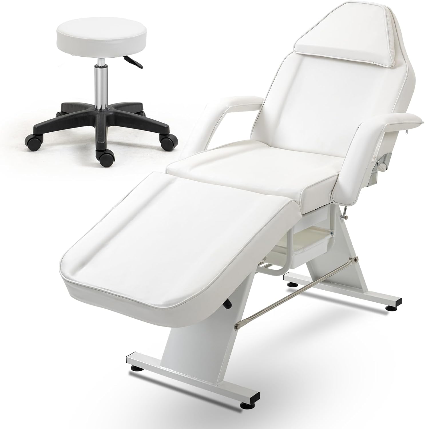Facial Bed Tattoo Chair with Two Trays Esthetician Beds Adjustable Folding Salon Bed with Hydraulic Stool Massage Chair for Professional Massage Facial Lash Beauty Treatment Spa White