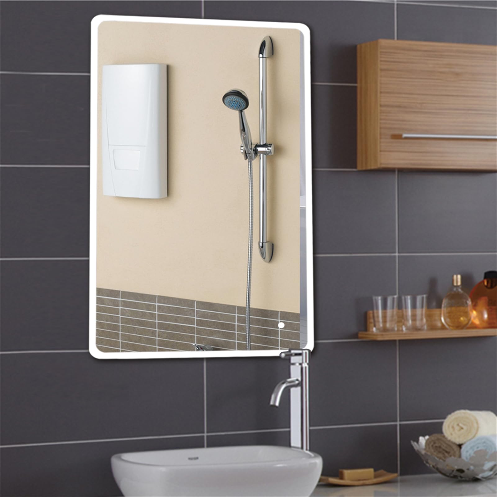 homewell Espejo de baño con iluminación, 70 x 120 cm, espejo de pared LED con interruptor táctil, luz blanca fría 6400 K, moderno sin cobre, espejo de pared con marco de aluminio (modelo 2, 70 x 120