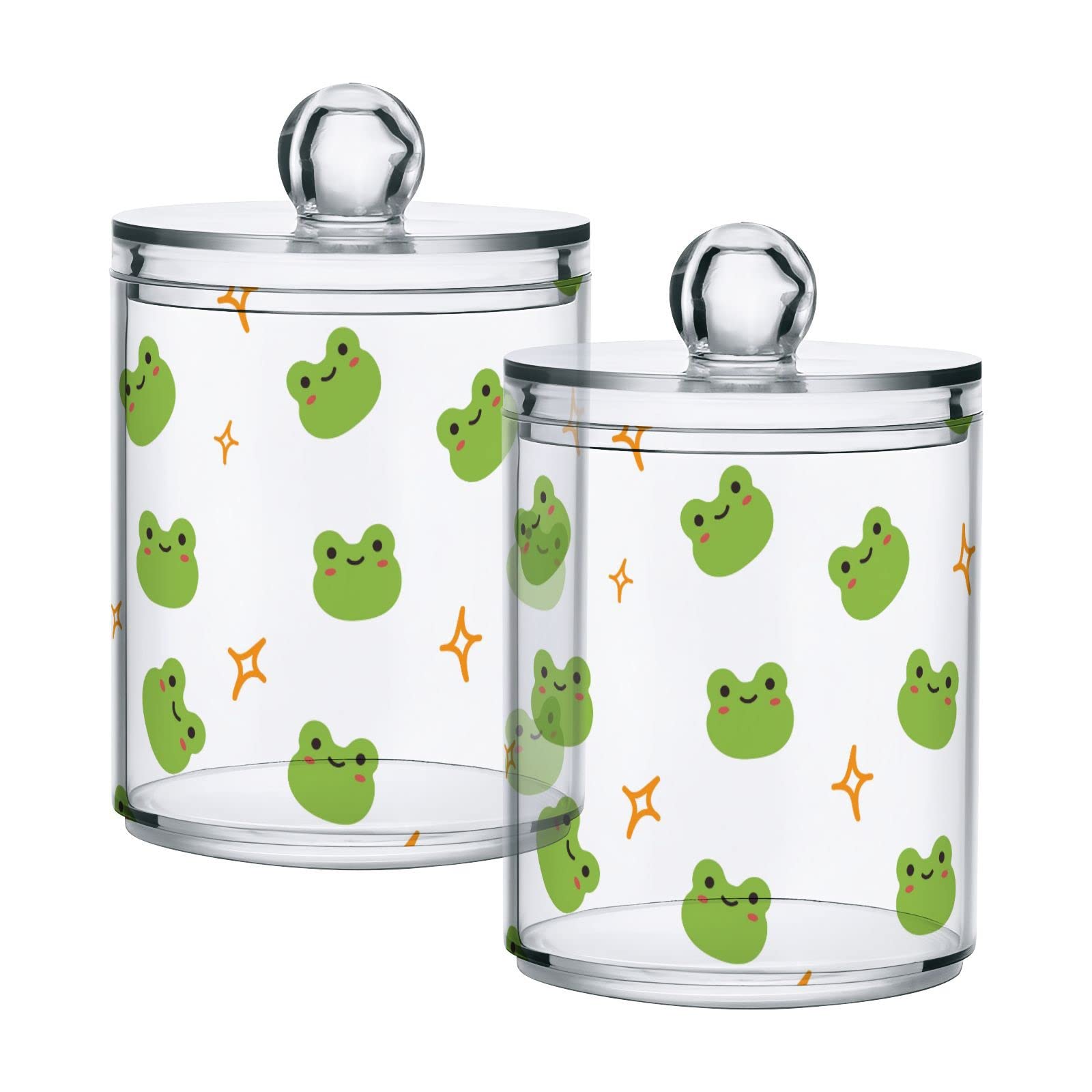 Bulletgxll Apothecary Jar with Lids 2 Pack Cute Frog Qtip Holder Clear Plastic Containers Bathroom Vanity Countertop Organizer for Cotton Swabs, Cosmetic Pads, Sponges, Flossers