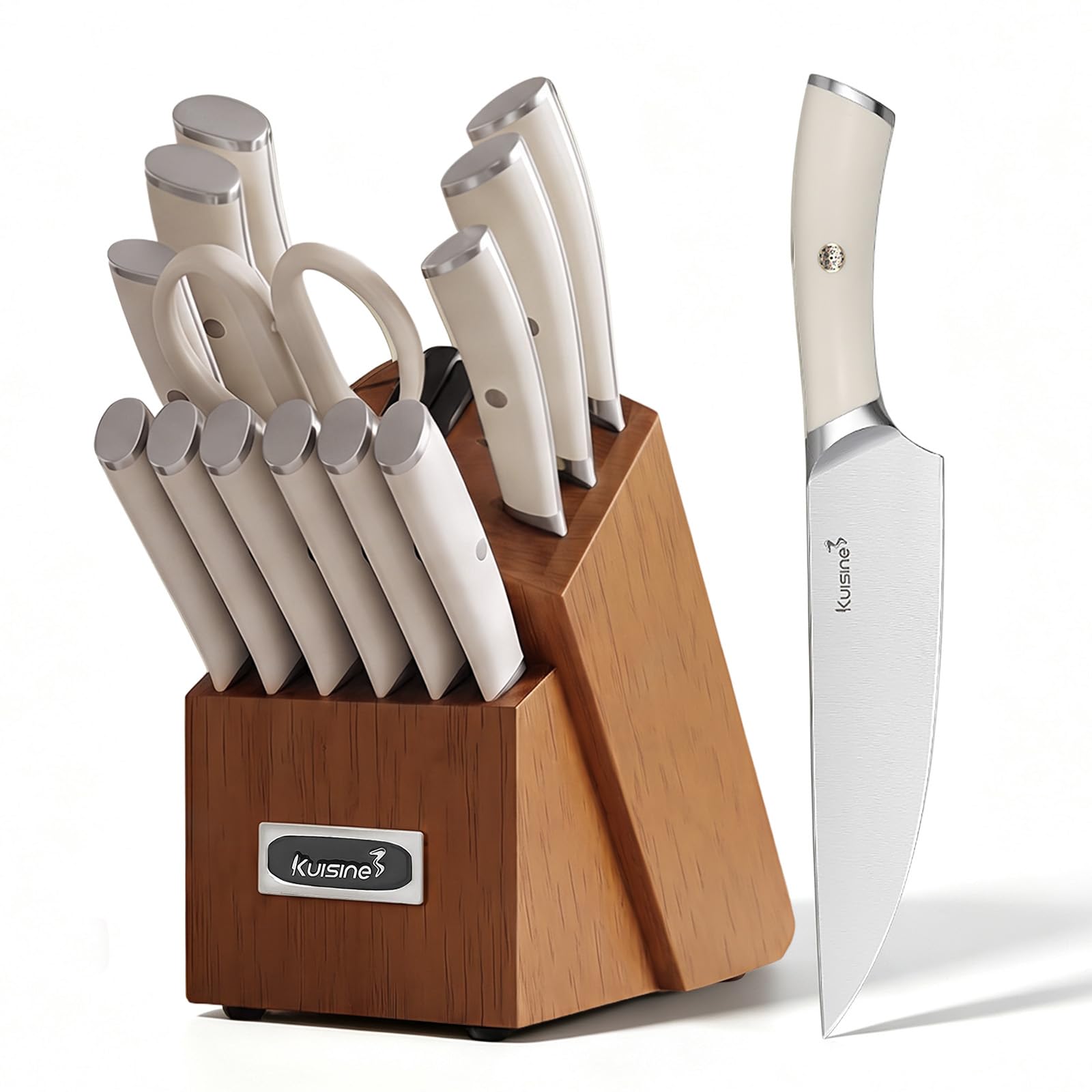 Kuisine Kitchen Knife Set,High Carbon Stainless Steel Ultra Sharp Blade Ergonomic Handle,Knife Block Set with Built-in Sharpener,Elegant Gift for Holiday(Irovy-Acacia,15PCS)