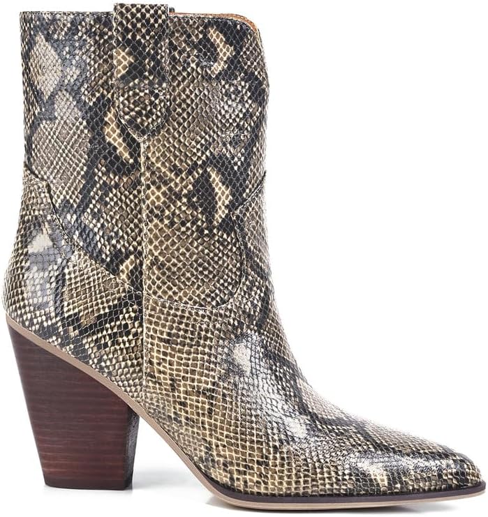 Snakeskin Ankle Boots for Women Pointed Toe Snake Booties Chunky Block Heel Pull on Snake Skin Fall Short Boot