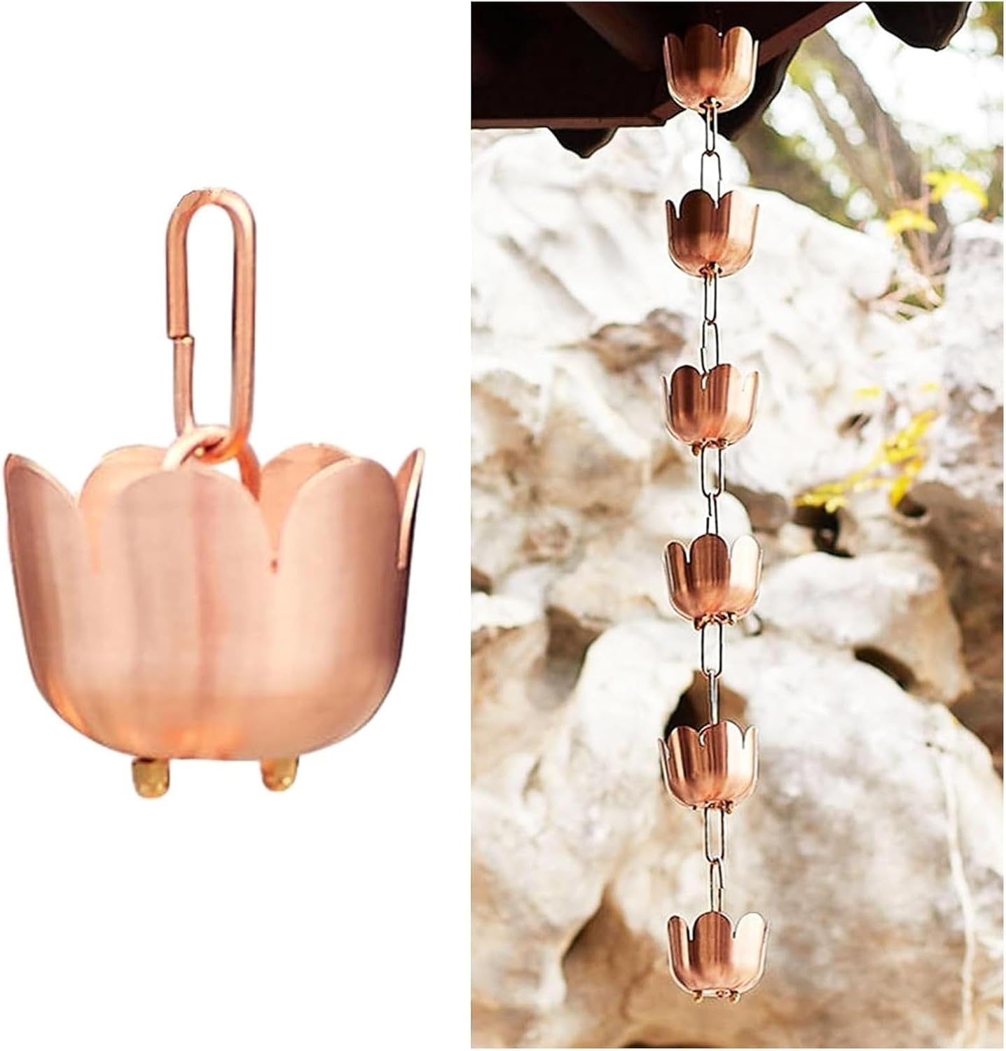 Rain Chains,Rain Catcher Chain, Rain Chain Gutter for Gutters,Flower Cup Rain Chains,Outside Outdecorative Rain Catcher Chain Adjustable,Ligjt grey-36m/104ft