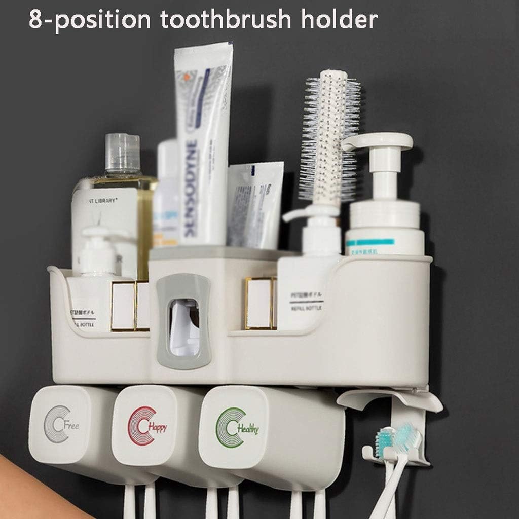 Toothbrush Holder, Automatic Toothpaste Dispenser - Wall Mounted Without Holes, Multi-Functional with 4 Cups for Family Washroom Bathroom