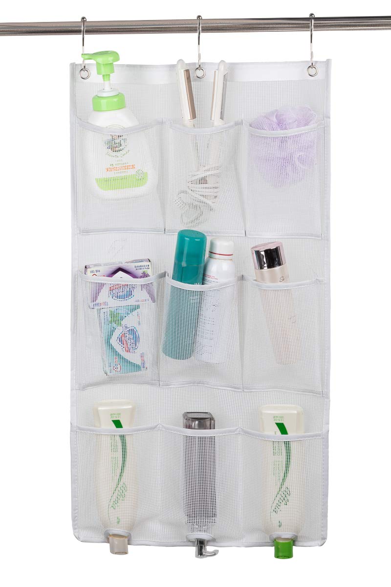 ALYER 9 Pockets Big Mesh Shower Caddy Hanging Bathroom Storage Organizer with 3 Rings White