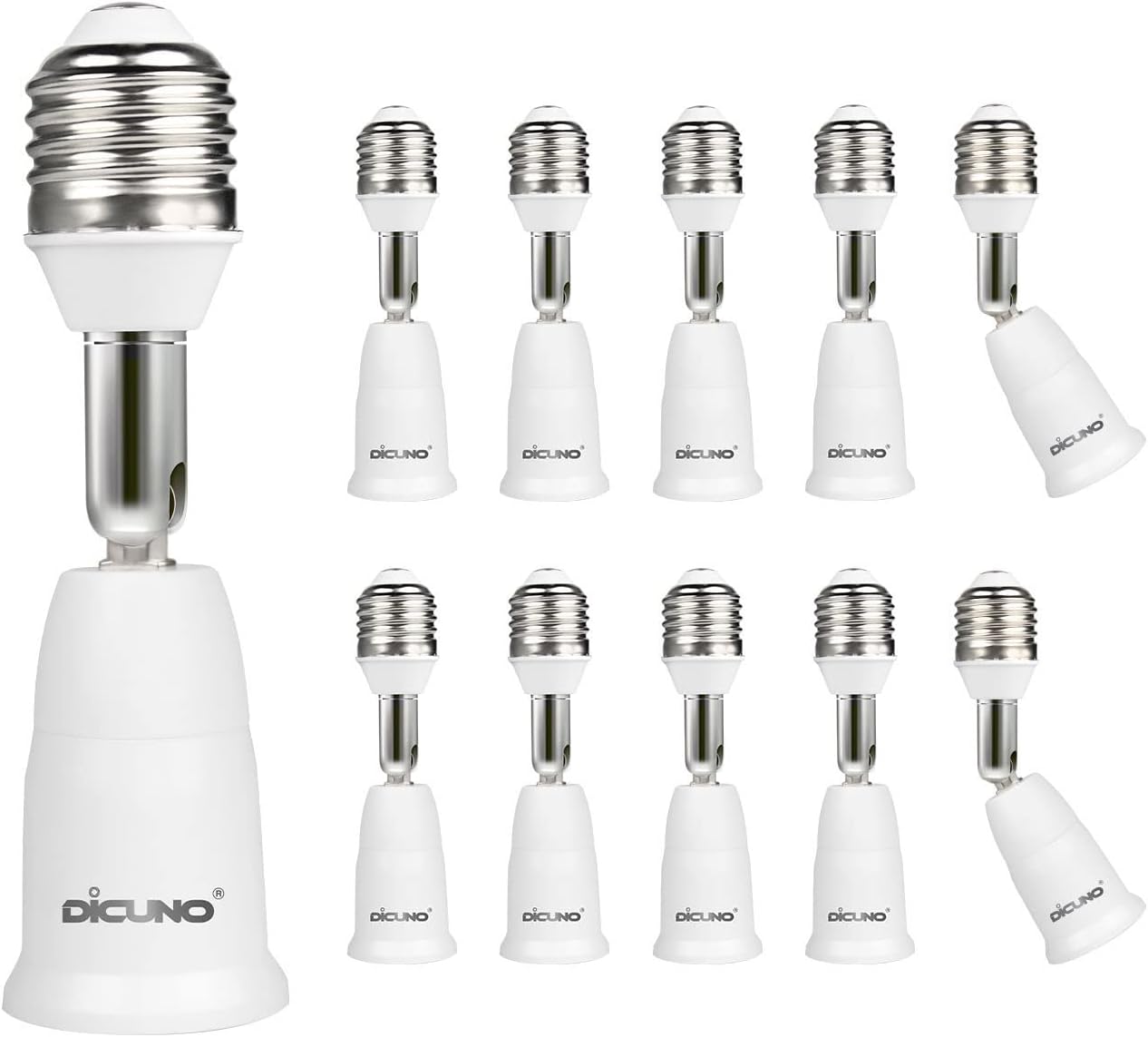 DiCUNO E26 to E26 Socket Extender (9.5CM/3.74IN Extension), Standard Screw Base, 165℃ Heat-Resistant, Maximum Wattage 200W, Socket Base Extension Adapter, 180 Degree Bendable, 10-Pack